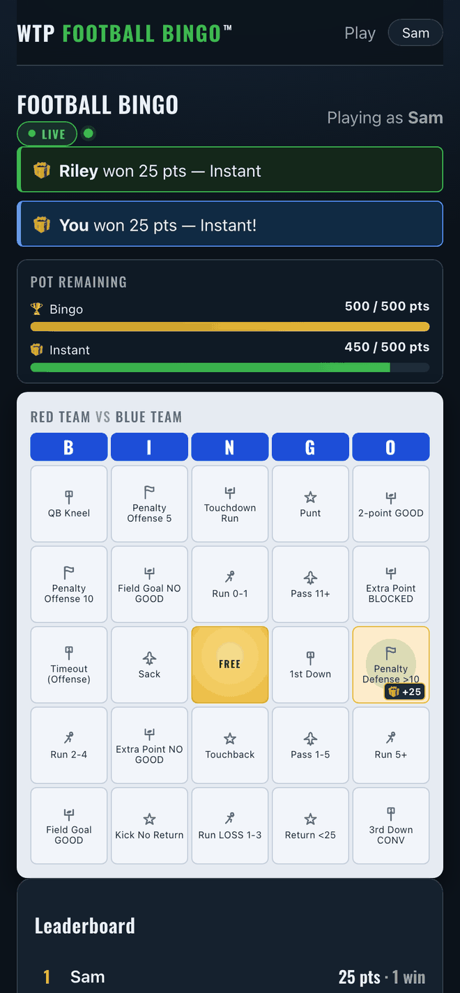 A player's bingo card with a square marked and a gift icon showing plus 25 points — a hidden Instant Reward has just been revealed.